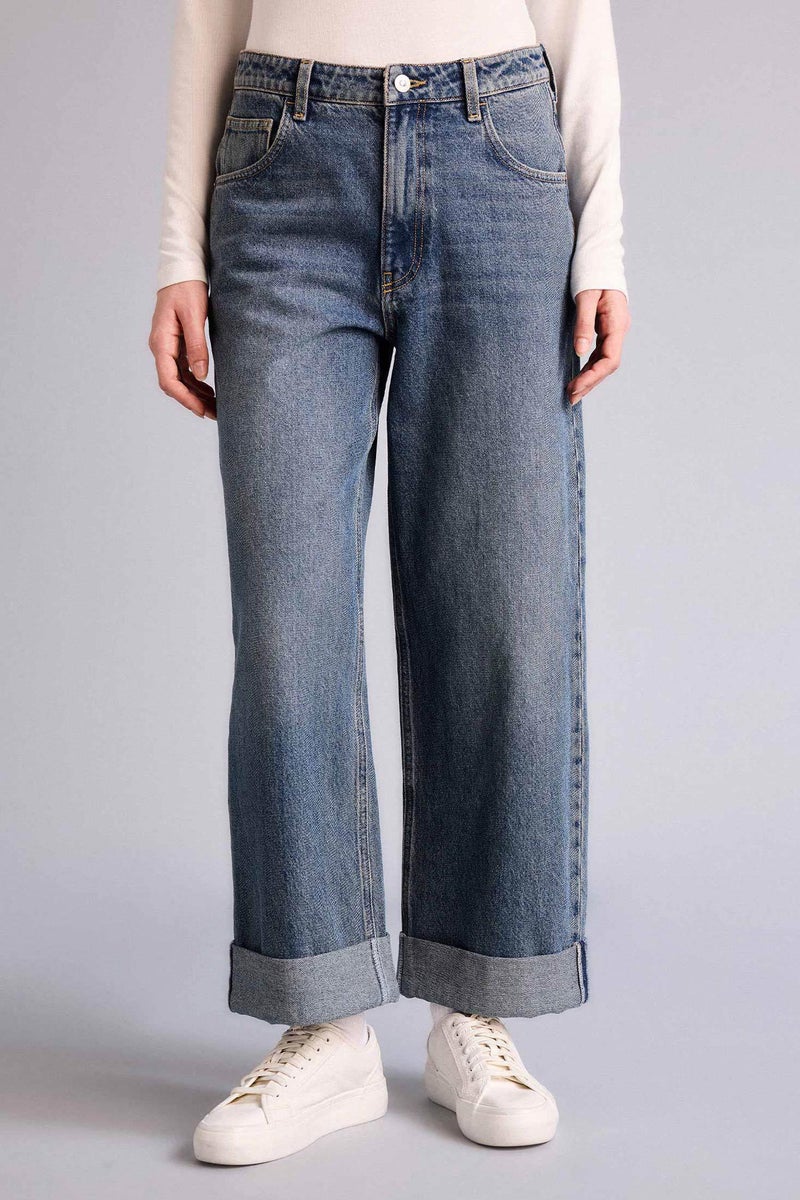 DeFacto Blue Woman Baggy Fit Folded Leg Denim Trousers Casual - Image 3